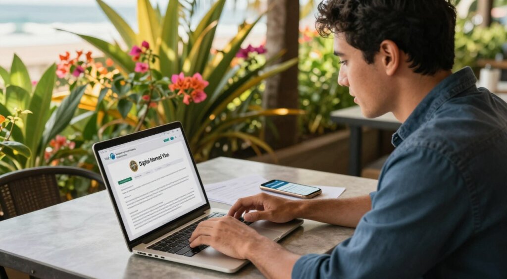 A focused, professional photographer captures an engaging scene of a digital nomad addressing the application process for Costa Rica’s Digital Nomad Visa. In the foreground, a young professional, dressed in smart casual attire, is seated at a stylish outdoor café table, working on a sleek laptop with Costa Rican greenery in the background. The middle ground features a printed application form and a smartphone showing the visa website, suggesting an ongoing process. The background showcases vibrant tropical plants, colorful bougainvillea, and a hint of distant ocean waves, symbolizing Costa Rica's allure. Warm, natural sunlight filters through the leaves, creating a relaxed yet productive atmosphere, emphasizing the fusion of work and paradise. Capture this scene with a shallow depth of field for a cinematic touch and a slight overhead angle for an intimate perspective.