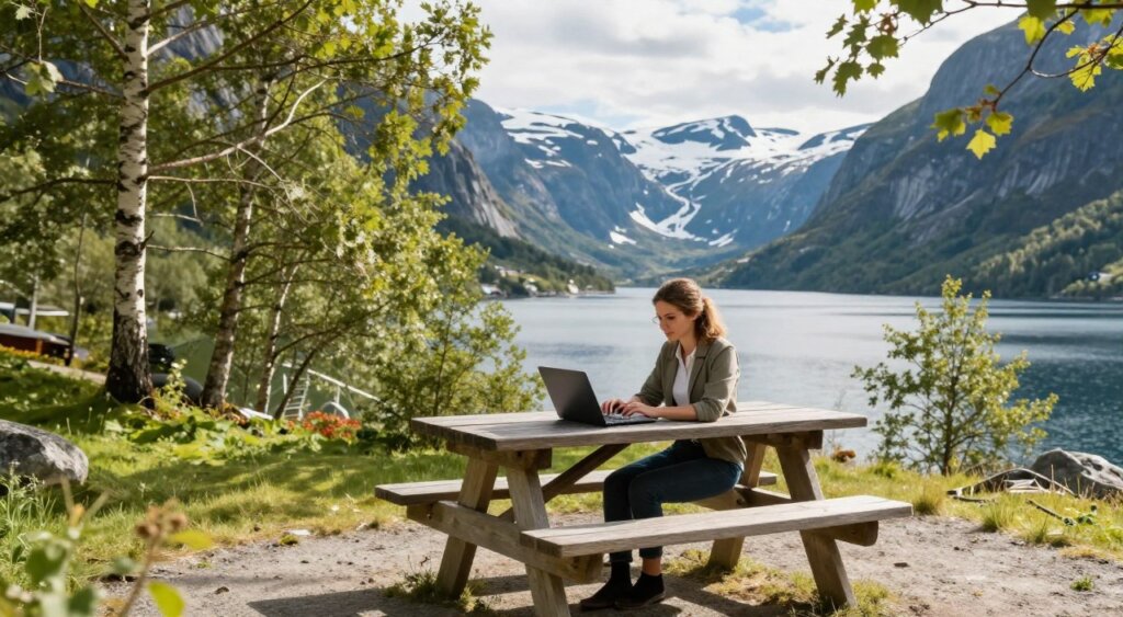 A focused scene capturing a digital nomad working on a laptop outdoors in Norway, showcasing the stunning natural beauty of the Norwegian landscape. In the foreground, the nomad, a young professional woman in stylish, modest casual clothing, sits at a rustic picnic table. She is surrounded by a vibrant green forest and a glistening fjord in the background. Soft sunlight filters through the trees, casting dappled patterns on the ground. The middle ground features iconic Norway scenery with snow-capped mountains and clear skies. The atmosphere is serene yet invigorating, evoking a sense of freedom and adventure. The composition should prioritize a balanced perspective, with the nomad engaged in her work, conveying the essence of exploring Norway while effectively managing professional duties.