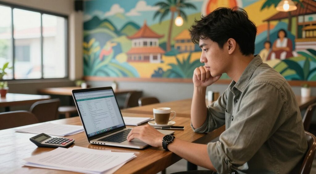 A focused scene depicting a digital nomad in a cozy co-working space in Indonesia, engaged in income tax calculation. In the foreground, a young professional wearing modest casual clothing, with a laptop open and spreadsheets visible on the screen, appears deep in thought. The middle ground features scattered documents, a calculator, and a cup of traditional Indonesian coffee, creating a relatable working atmosphere. In the background, a vibrant mural showcasing Indonesian landscapes and culture enhances the setting. Natural light streams through large windows, casting a warm glow over the workspace. The overall mood is productive and inspiring, reflecting the unique blend of work and travel that defines digital nomad life in Indonesia.