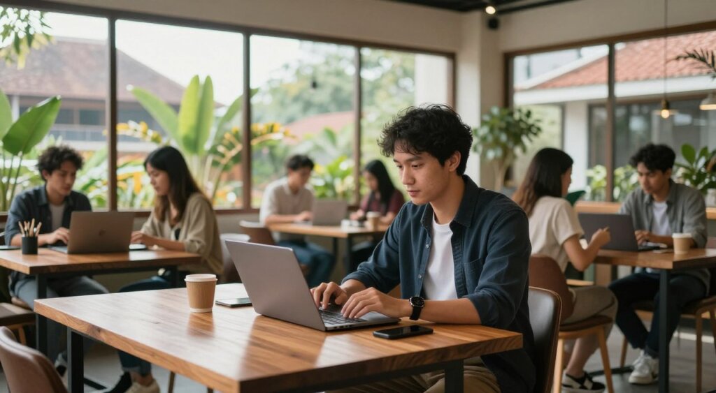 A focused scene depicting a digital nomad working in a bustling co-working space in Indonesia. In the foreground, a professional-looking individual in smart casual attire is seated at a stylish wooden desk, illuminated by soft, natural light streaming through large windows adorned with tropical plants. The middle ground features various other nomads engaged in discussions or working on laptops, creating a vibrant community atmosphere. The background reveals views of iconic Indonesian architecture, blending traditional styles with modern elements. The scene captures a sense of productivity and collaboration, reflecting the obligations of social security contributions in a digital nomad lifestyle. Soft shadows enhance depth, while a warm color palette evokes a welcoming, creative environment.