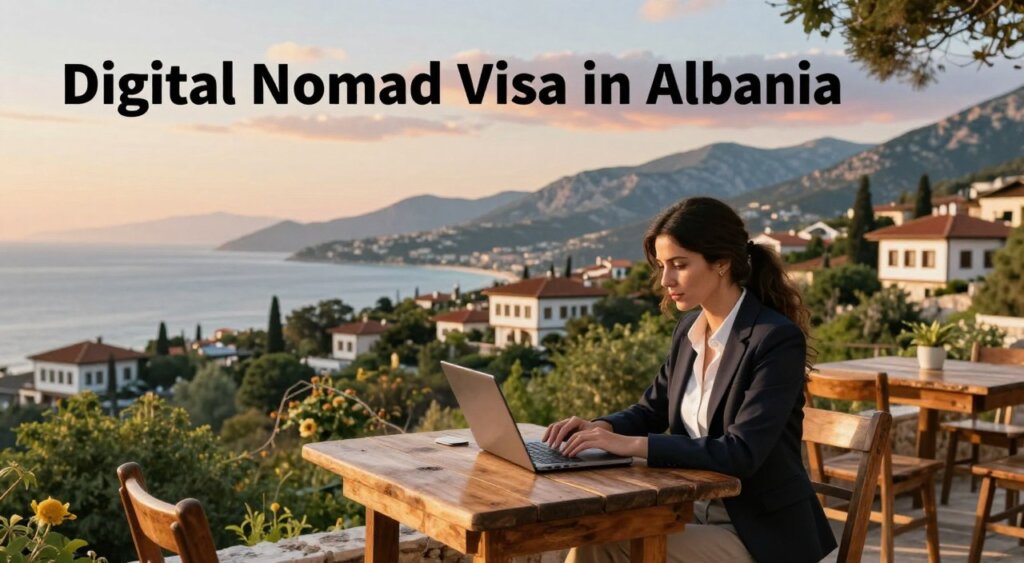 A focused scene illustrating the concept of a "Digital Nomad Visa in Albania," featuring a professional individual working on a laptop outdoors. In the foreground, a well-dressed woman in business casual attire is seated at a rustic wooden table with a scenic view of Albania's coastline and mountains in the background. The middle ground showcases lush greenery and traditional Albanian architecture, enhancing the sense of place. The background captures a vibrant sky during golden hour, casting warm light over the landscape. The atmosphere is serene and inspiring, evoking a sense of freedom and opportunity. Utilize a wide-angle lens to encapsulate both the individual and the stunning surroundings, creating a harmonious blend of work and travel in this picturesque setting.