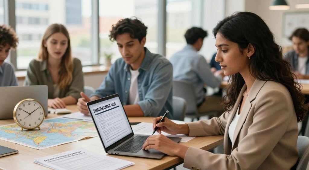 A focused scene illustrating the concept of eligibility requirements for a digital nomad visa, featuring a diverse group of professionals seated at a modern coworking space. In the foreground, a South Asian woman in smart casual attire reviews a checklist on her laptop, with documents laid out beside her, symbolizing the application process. In the middle ground, a Latin American man discusses with a Caucasian woman over a table filled with travel maps and a world clock, representing different time zones. The background features large windows with cityscape views, bathed in warm natural light, creating an inviting atmosphere. The image captures a sense of collaboration and ambition, with a soft-focus effect on the background to draw attention to the subjects. The overall tone is professional and inspiring, evoking a modern and dynamic digital workspace ambiance.