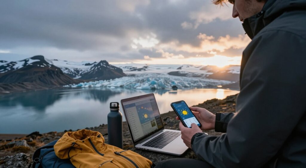 A focused scene showcasing a digital nomad preparing for the unpredictable Icelandic weather. In the foreground, a person in professional casual attire is examining weather conditions with a portable weather app on their smartphone, surrounded by travel essentials like a laptop, insulated water bottle, and warm clothing. The middle ground features a rugged, dramatic Icelandic landscape with snow-capped mountains and a glacial blue lake, reflecting dynamic cloud formations under a moody sky. In the background, the soft glow of a low autumn sun casts warm light, creating a contrast with the stark terrain. The overall atmosphere conveys a sense of resilience and adventure, highlighting the unique challenges faced by digital nomads in Iceland. Shot with a wide-angle lens to capture the vastness of the landscape.