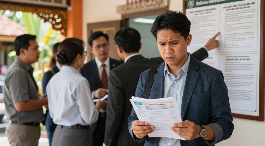 A frustrated foreigner at a crowded Bali driver license office, appearing confused while holding a stack of paperwork in one hand and a bilingual instruction leaflet in the other. In the foreground, capture the foreigner, dressed in smart casual attire, with a concerned expression on their face. The middle ground features a diverse group of professionals in business attire discussing the process, with some pointing at a notice board filled with forms and guidelines in Bahasa Indonesia and English. In the background, Bali's vibrant cultural elements subtly emerge, such as traditional Balinese decorations and a glimpse of tropical foliage. Utilize warm, natural lighting to create an inviting atmosphere while emphasizing the challenges of navigating the bureaucratic process in a new country, focusing on the juxtaposition of frustration against the beauty of Bali. Aim for a realistic image with high clarity and detail, resembling a professional photojournalistic style.