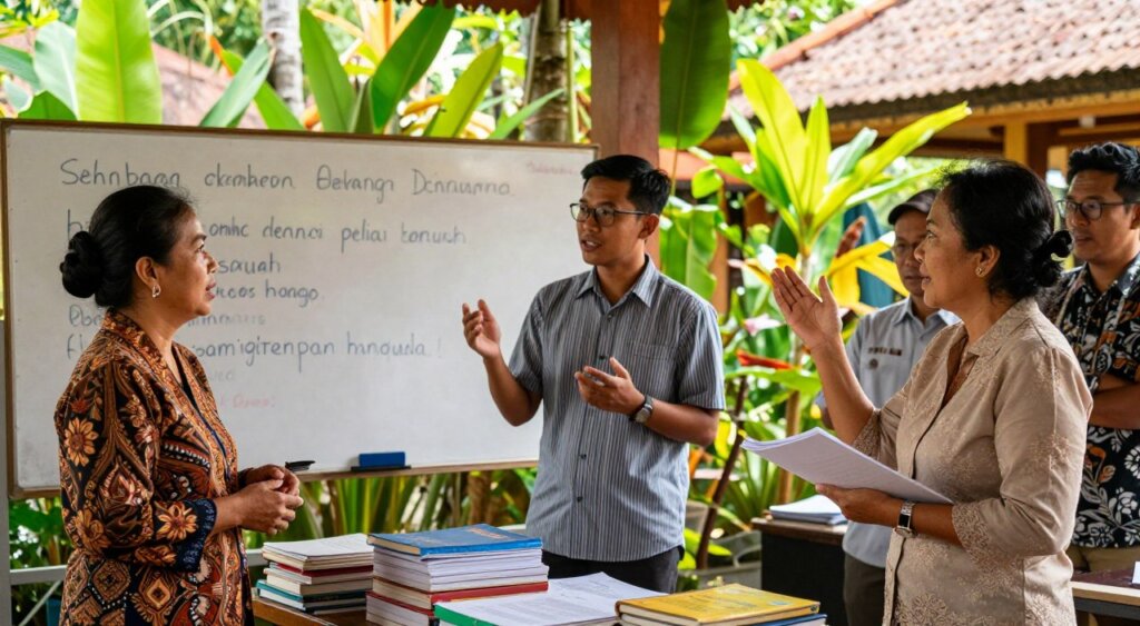 A group of expert Indonesian language instructors in Bali, standing engaged in a dynamic discussion. The foreground features three instructors: a middle-aged Balinese woman in a traditional blouse, a young Indonesian man in a smart casual shirt, and an older expatriate woman in a fitted blouse holding a notebook. They are surrounded by books and learning materials. In the middle ground, a whiteboard with Indonesian phrases can be seen behind them, along with tropical plants typical of Bali, creating a vibrant atmosphere. The background captures a serene outdoor setting with a glimpse of lush greenery and traditional Balinese architecture. The lighting is warm and natural, suggesting a sunny day, enhancing the welcoming mood of the scene, captured with a slight depth of field. A group of expert Indonesian language instructors in Bali, standing engaged in a dynamic discussion. The foreground features three instructors: a middle-aged Balinese woman in a traditional blouse, a young Indonesian man in a smart casual shirt, and an older expatriate woman in a fitted blouse holding a notebook. They are surrounded by books and learning materials. In the middle ground, a whiteboard with Indonesian phrases can be seen behind them, along with tropical plants typical of Bali, creating a vibrant atmosphere. The background captures a serene outdoor setting with a glimpse of lush greenery and traditional Balinese architecture. The lighting is warm and natural, suggesting a sunny day, enhancing the welcoming mood of the scene, captured with a slight depth of field.