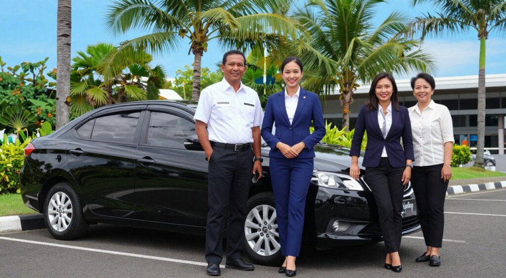 A group of three professional drivers standing confidently beside a sleek, black airport taxi in Bali. In the foreground, one driver, a middle-aged Indonesian man, is dressed in a crisp, white shirt and dark slacks, holding a smartphone. Next to him, a young woman in a blue blazer and tailored trousers smiles, exuding warmth. The third driver, an older woman, wears a smart casual outfit, showing pride in her role. The middle ground features the taxi parked in front of a lush tropical backdrop, with palm trees and the vibrant blue sky overhead. In the background, a hint of the bustling airport terminal can be seen. The atmosphere is friendly and professional, captured in soft, natural sunlight to convey trust and commitment.