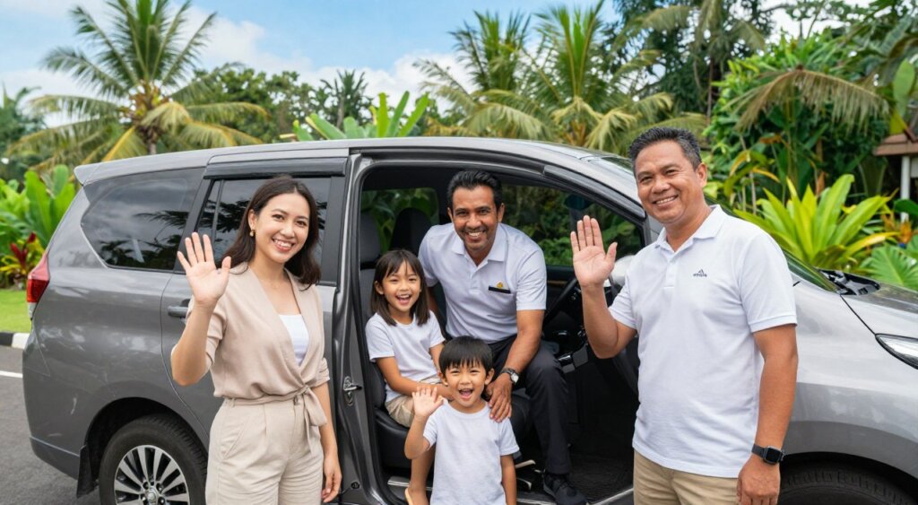 A heartwarming scene capturing a diverse family happily enjoying their airport transfer experience in Bali. In the foreground, a smiling mother and father wave at the camera, dressed in smart casual clothing, while their two children, excited and cheerful, are seated comfortably in a spacious, stylish minivan. In the middle, the friendly driver greets them, dressed professionally in a clean uniform, radiating warmth and professionalism. The background showcases lush tropical greenery typical of Bali, with vibrant colors and a clear blue sky above, giving a sense of adventure. The lighting is soft and inviting, evoking a friendly atmosphere, while the photo is taken from a low angle to emphasize the family's joyful expressions and the welcoming ambiance of their transport experience.