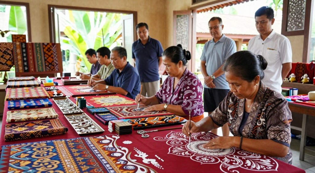 A lively Balinese souvenir workshop set in a sunlit space filled with vibrant colors and intricate designs. In the foreground, a skilled artisan, a middle-aged Balinese woman dressed in modest traditional attire, works on batik fabric, applying wax with precision. Beside her, a small group of tourists, dressed in casual yet neat clothing, observe and actively participate in the craft, showcasing their enthusiasm. The middle ground features beautifully decorated tables laden with various batik patterns and silver jewelry pieces, reflecting the craftsmanship of the region. In the background, large open windows allow natural light to flood the room, highlighting the lush greenery outside and the warm, inviting atmosphere. The overall mood is warm, engaging, and culturally immersive, inviting viewers to experience the joy of creating their own Bali souvenirs.