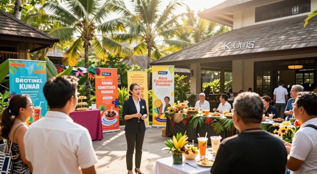 A lively scene capturing a vibrant event promotion at Febris Kuta Bali. In the foreground, a well-dressed event coordinator, wearing business attire, enthusiastically discusses with attendees. The middle ground features colorful banners showcasing upcoming events, along with tables adorned with tropical decorations, delicious food, and drinks. In the background, lush palm trees and the inviting architecture of Febris Kuta Bali create a warm, inviting atmosphere. Soft, golden sunlight filters through the leaves, creating dappled patterns on the ground, with a slight lens flare that enhances the cheerful mood. The image is captured with a slightly elevated angle to give a comprehensive view of the event setup, reminiscent of a high-quality photojournalistic style, celebrating the vibrancy of Bali's event scene.