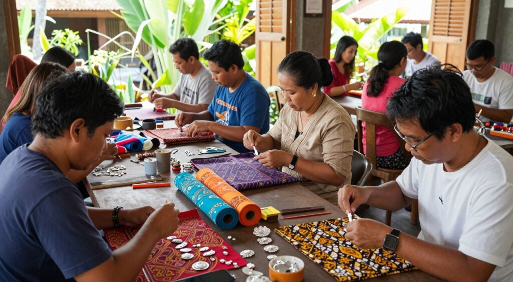 A lively scene capturing the joy of handmade Balinese gifts in Kuta, featuring a diverse group of individuals engaged in batik and silver jewelry workshops. In the foreground, artisans are working diligently, wearing modest casual clothing, focused on vibrant batik fabrics and intricate silver pieces. In the middle, colorful fabric rolls and shimmering silver tools are artistically scattered, showcasing the creative process. The background shows a charming Balinese workshop setting, adorned with lush tropical plants and bright sunlight filtering through open windows, creating a warm, inviting atmosphere. The composition is taken with a slightly elevated angle, reminiscent of a candid photojournalism style, emphasizing creativity and cultural immersion. The overall mood is lively, joyful, and inspiring, embodying the spirit of Kuta's rich artisan culture.