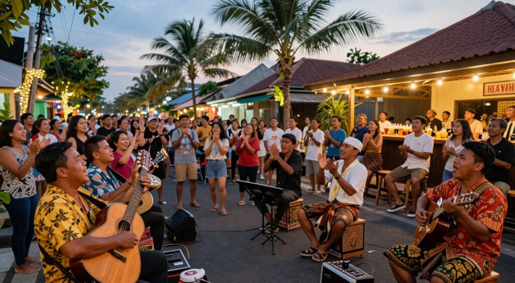 A lively street scene in Kuta, featuring local musicians performing passionately to an engaged audience. In the foreground, a diverse group of musicians showcases a mix of traditional Balinese instruments and modern guitars, wearing colorful casual attire. The middle ground focuses on enthusiastic concert-goers, clapping and swaying to the rhythm, capturing the joyous atmosphere of the event. In the background, palm trees and twinkling fairy lights illuminate the setting as dusk falls, with an open-air bar showcasing local drinks. The lighting provides a warm, inviting glow, and the image is captured with a wide-angle lens to create a sense of depth, echoing the vibrant music culture of Kuta.