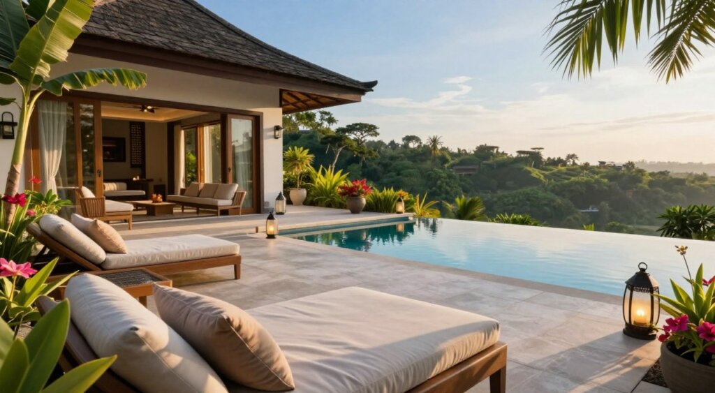 A luxurious Bali villa accommodation scene, showcasing a stylish outdoor living area with comfortable lounge furniture and a private infinity pool. In the foreground, a plush sunbed with soft cushions invites relaxation, surrounded by tropical plants and vibrant flowers. The middle ground features a spacious terrace leading to the pool, adorned with elegant decor like lanterns and potted palms. In the background, the stunning Bali landscape is visible, with lush hills and a clear blue sky. The ambiance is serene and inviting, captured during golden hour for warm lighting that enhances the tranquil mood. Overall, aim for a realistic, photojournalism-style composition that embodies the essence of luxury living in Bali.