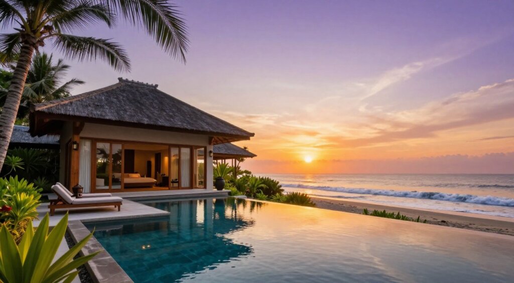 A luxurious beachfront villa in Jimbaran, Bali, showcasing a serene infinity pool that reflects the vibrant colors of the setting sun. In the foreground, lush tropical landscaping frames the pool area, with stylish lounge chairs inviting relaxation. The middle ground features the elegant villa, adorned with wooden accents and large glass windows that capture the breathtaking ocean view. In the background, the sun dips below the horizon, casting warm oranges and purples across the sky, while gentle waves lap at the sandy shore. The scene is bathed in soft, golden hour lighting, evoking a tranquil and romantic atmosphere. The photograph is captured from a low angle to emphasize the villa's grandeur against the stunning backdrop, creating a sense of peace and inviting escape.