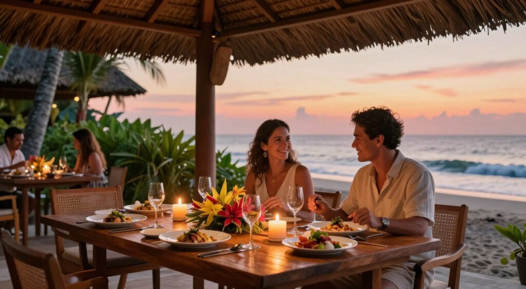 A luxurious dining experience set in Bali at The Bene Kuta, featuring a beautifully arranged table under a thatched gazebo with lush greenery surrounding it. In the foreground, a wooden table is adorned with elegant white tableware, flickering candles, and vibrant tropical flowers. In the middle ground, a couple of guests in modest, casual attire are seated, enjoying a gourmet meal with a serene smile, conveying a sense of relaxation and enjoyment. In the background, soft sunset lighting bathes the scene in warm shades of orange and pink, casting gentle shadows and creating an inviting atmosphere. The ocean is visible, with softly lapping waves against the shore, completing the idyllic tropical escape. The image should have a warm, inviting glow, emphasizing the tranquility and beauty of dining in Bali.