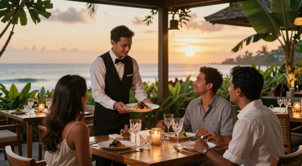 A luxurious dining restaurant in Bali, showcasing an elegant outdoor setting with stylish wooden furniture and lush tropical greenery surrounding the area. In the foreground, a beautifully set dining table with fine china, crystal glassware, and flickering candles. In the middle ground, a sophisticated waiter in a tailored outfit serving a gourmet meal to a couple dressed in smart casual clothing. The background features a stunning sunset over the ocean, casting warm golden light that enhances the romantic atmosphere. The scene is captured with a slight depth of field using a 50mm lens, emphasizing the details of the dining experience and blending harmoniously with the vibrant colors of Bali’s natural beauty.