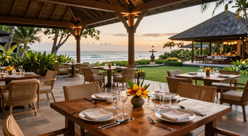 A luxurious dining setting at Amnaya Resort Kuta, Bali. In the foreground, an elegantly set wooden table adorned with fine china, shimmering silverware, and decorative tropical flowers. In the middle ground, a sophisticated open-air dining area featuring bamboo and wicker furnishings, surrounded by lush greenery and ambient soft lighting. The stunning backdrop showcases the resort’s landscaped gardens and serene features, with gentle waves of the nearby sea visible in the distance. The scene is bathed in warm, golden light of sunset, creating an inviting, tranquil atmosphere. The composition captures the essence of luxury, comfort, and culinary delight, evoking a sense of relaxation and indulgence in a tropical paradise. A luxurious dining setting at Amnaya Resort Kuta, Bali. In the foreground, an elegantly set wooden table adorned with fine china, shimmering silverware, and decorative tropical flowers. In the middle ground, a sophisticated open-air dining area featuring bamboo and wicker furnishings, surrounded by lush greenery and ambient soft lighting. The stunning backdrop showcases the resort’s landscaped gardens and serene features, with gentle waves of the nearby sea visible in the distance. The scene is bathed in warm, golden light of sunset, creating an inviting, tranquil atmosphere. The composition captures the essence of luxury, comfort, and culinary delight, evoking a sense of relaxation and indulgence in a tropical paradise.