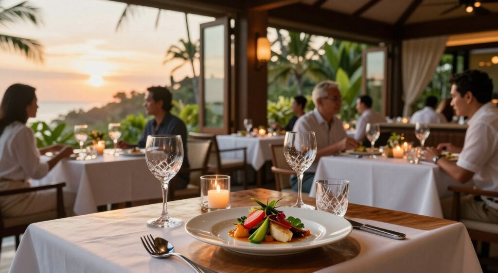 A luxurious fine dining restaurant in Kuta, Bali, featuring elegant tables set with pristine white tablecloths and sparkling crystal glassware. In the foreground, a beautifully plated gourmet dish showcases vibrant local ingredients, elegantly arranged on a wooden table. The middle ground reveals well-dressed diners enjoying their meals, wearing smart casual attire, immersed in conversation. In the background, large windows offer a view of lush tropical greenery and a stunning sunset casting warm golden light across the scene. Soft ambient lighting and flickering candles add a romantic touch, enhancing the intimate atmosphere. The image captures the essence of an upscale dining experience, evoking a sense of tranquility and sophistication in a paradise setting.