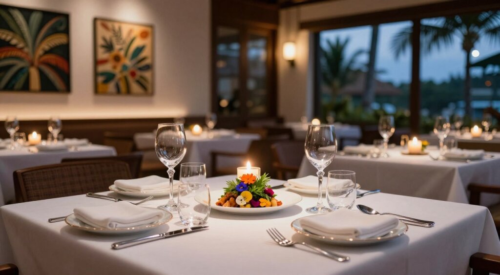 A luxurious fine dining restaurant in Seminyak, featuring elegantly set tables with white tablecloths, fine china, and crystal glassware in the foreground. Soft candlelight casts a warm glow, creating an intimate atmosphere. In the middle ground, a beautifully arranged dish garnished with vibrant herbs and colorful edible flowers sits on the table, showcasing the artistic presentation typical of high-end cuisine. The background features a tasteful decor with contemporary Balinese artwork, palm trees visible through large windows, and ambient lighting enhancing the upscale vibe. The photography style is realistic and professional, captured at a low angle to emphasize the elegance and inviting ambiance of the dining space, all under soft twilight lighting that enhances the overall romantic atmosphere.