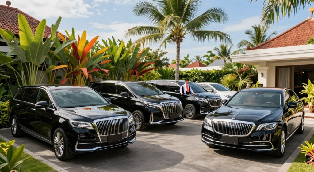 A luxurious fleet of premium vehicles positioned on a sunny Bali driveway, showcasing a variety of high-end options including a sleek black limousine, a sophisticated SUV, and an elegant sedan. In the foreground, the vehicles gleam under soft sunlight, with their polished surfaces reflecting the vibrant colors of lush tropical plants surrounding them. The middle ground features a stylish driver in professional attire, ready to assist passengers, conveying a sense of reliability and luxury. The background showcases Bali's stunning landscapes, including palm trees and clear blue skies, enhancing the tropical atmosphere. Use soft, natural lighting and a slightly elevated angle to capture the full essence of opulence and comfort. The mood is welcoming and exclusive, perfect for upscale private transfers.