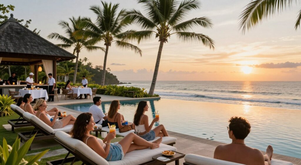 A luxurious guest experience at a top-rated resort in Bali, capturing visitors enjoying a serene afternoon by the infinity pool overlooking the ocean. In the foreground, a diverse group of guests in modest casual clothing relaxes on elegant sun loungers, smiling and sipping tropical drinks. In the middle ground, lush palm trees sway gently, while a well-attended outdoor dining area features white tablecloths and attentive staff serving gourmet meals with stunning ocean views. In the background, the vibrant sunset casts a warm glow over the serene waters, highlighting the beauty of the tropical landscape. The scene is well-lit with natural golden hour lighting, shot with a wide-angle lens to capture the expansive beauty of the resort. The atmosphere is tranquil and inviting, conveying luxury, comfort, and an unforgettable stay at the resort.