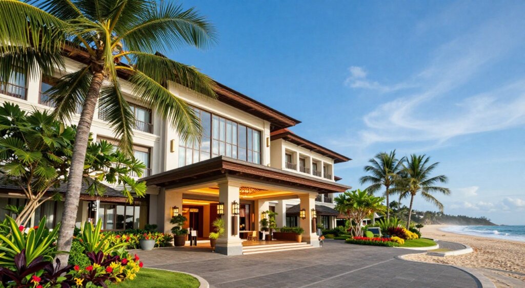 A luxurious hotel in Kuta, Bali, centrally located amidst vibrant surroundings. In the foreground, showcase an elegant entrance with lush tropical landscaping, featuring palm trees and colorful flowers. The middle ground presents the hotel's grand façade with modern Balinese architecture, large glass windows reflecting the sun, and warm, inviting lights. The background captures the iconic Kuta beach, with gentle waves lapping at the shore under a clear blue sky. The lighting is bright and sunny, enhancing the cheerful ambiance, while a slight tropical breeze adds life to the scene. Convey a serene and welcoming atmosphere, perfect for relaxation. The image should be a professional photojournalism style, resembling a high-quality National Geographic shot, without any people present.
