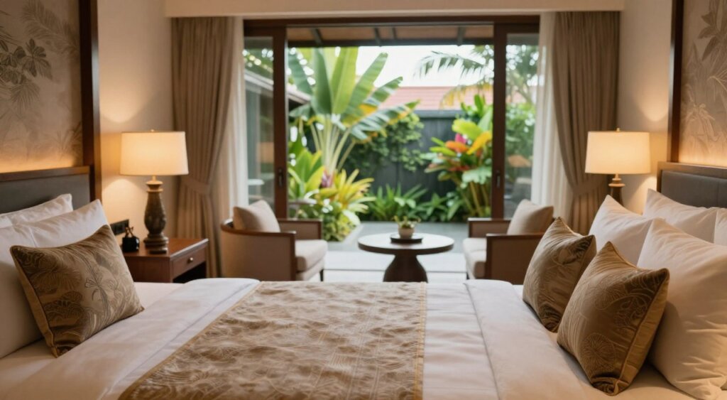 A luxurious hotel room at Febris Hotel in Kuta, Bali, showcasing its elegant design. In the foreground, a beautifully made king-size bed with rich, textured linens and stylish decorative pillows. The middle layer features a sleek wooden nightstand with a contemporary lamp, and a welcoming seating area with plush armchairs. In the background, large sliding glass doors reveal a private terrace with vibrant tropical plants, inviting natural light to fill the room. The atmosphere is tranquil and sophisticated, with warm, inviting lighting. The image should convey a sense of relaxation and opulence, capturing the essence of a perfect Bali getaway. Shot with a soft-focus lens, emphasizing the cozy and comfortable ambiance without any text or overlays.