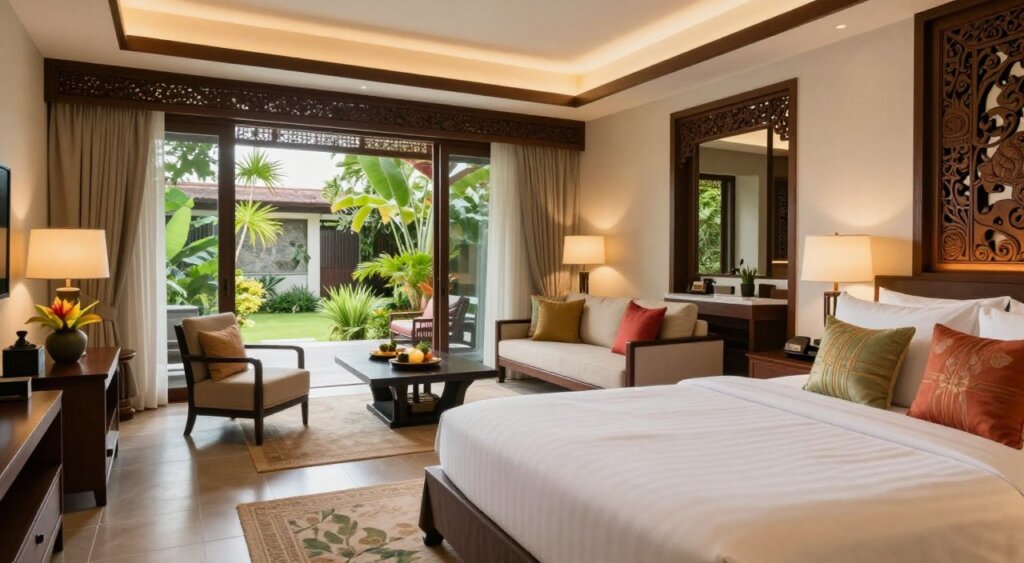 A luxurious hotel room at The Bene Hotel Kuta Bali, featuring a spacious, elegantly decorated interior. In the foreground, showcase a king-sized bed adorned with plush, high-thread-count linens and colorful decorative pillows. To the side, a stylish wooden nightstand holds modern lamps and tropical flowers. In the middle ground, a cozy seating area with comfortable armchairs and a chic coffee table invites relaxation, while large windows reveal a breathtaking view of the lush gardens outside, letting in soft natural light. In the background, elegant Balinese décor elements like intricate wood carvings and soft ambient lighting create a serene atmosphere. The overall mood is tranquil and inviting, perfect for travelers seeking a premium experience. Capture the scene with a warm, inviting color palette to emphasize the luxurious ambiance.