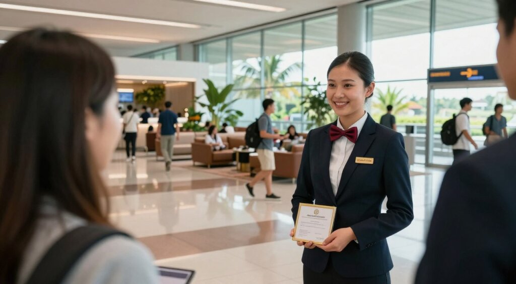A luxurious meet and greet service at an airport, featuring a professional, smiling staff member in business attire, welcoming a traveler. In the foreground, the staff member is holding a personalized name sign, exuding warmth and professionalism. The middle ground captures a spacious, modern airport terminal with travelers and an elegant lounge area, showcasing comfortable seating and greenery. In the background, large glass windows reveal a tropical landscape, hinting at Bali’s vibrant atmosphere. Soft, natural lighting enhances the scene, creating a welcoming ambiance. The image is captured from a slightly angled perspective, evoking a sense of motion and anticipation, ideal for conveying the ease and comfort of a private transfer service.
