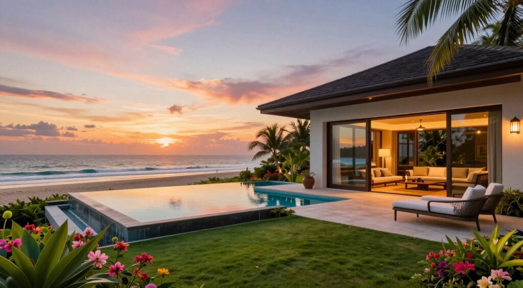 A luxurious oceanfront villa at sunset, featuring elegant architecture with large glass windows that reflect the vibrant colors of the sky. In the foreground, a lush tropical garden with well-manicured lawns and blossoming flowers seamlessly transitions to a stunning infinity pool that extends toward the beach. In the middle ground, the villa showcases an inviting terrace with stylish outdoor furniture and soft ambient lighting, perfect for evening relaxation. The background reveals a serene ocean vista meeting the horizon, with gentle waves lapping at a pristine sandy beach. The scene is bathed in warm golden light, creating a tranquil and upscale atmosphere, captured from a slightly elevated angle to encompass both the villa and the breathtaking ocean view. The composition embodies luxury and tranquility, ideal for showcasing exclusive accommodations.