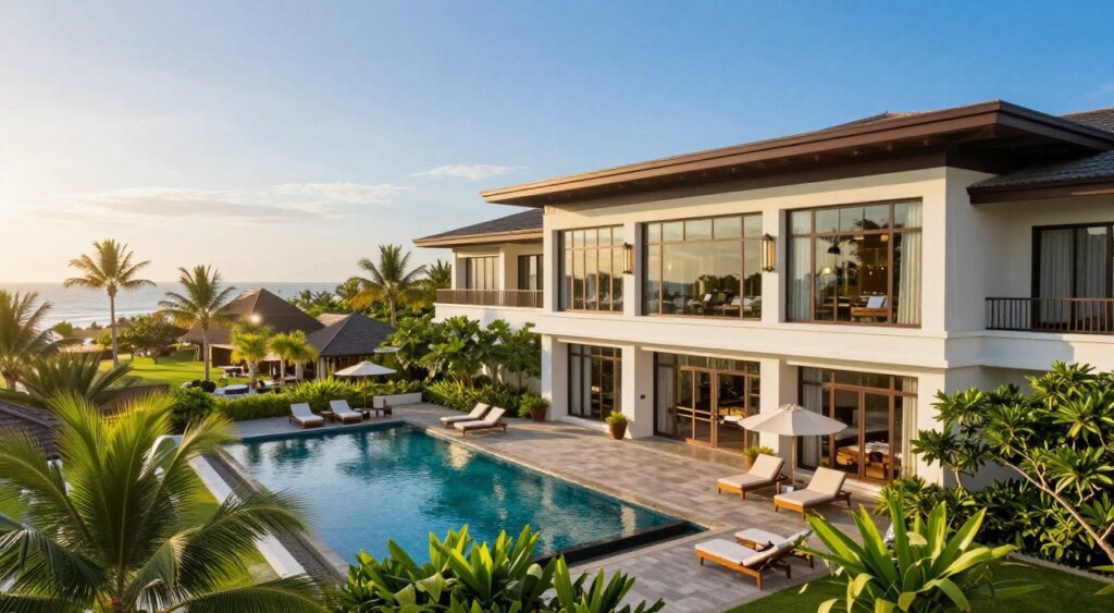 A luxurious overview of Hotel Amnaya Resort Kuta, showcasing a stunning, modern architectural design surrounded by lush tropical gardens. In the foreground, a beautifully landscaped pool area with elegant sun loungers invites relaxation. The middle ground features the resort's main building, accentuated by large windows reflecting the vibrant greenery. The background showcases a clear blue sky meeting the distant horizon of the Kuta coastline, suggesting a serene beachfront atmosphere. Soft, warm lighting creates an inviting and tranquil mood, while a slight lens flare adds warmth. Capture the scene with a wide-angle shot to encompass the entire setting, embodying a sophisticated, tropical escape perfect for travelers seeking relaxation and luxury. The image should be sharp and vivid, reflecting National Geographic quality without any text or distractions.