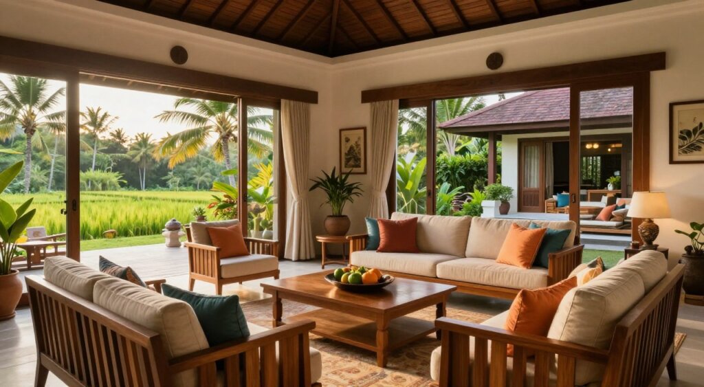 A luxurious private family villa in Bali, showcasing a spacious living room designed for comfort and relaxation. In the foreground, elegant wooden furniture complements large, plush sofas adorned with vibrant cushions. The middle section reveals floor-to-ceiling windows that allow abundant natural light to flood the room, showcasing a lush tropical garden view. Potted plants and tasteful art adorn the walls, enhancing the serene atmosphere. In the background, glimpses of Bali's iconic rice paddies can be seen through the open terrace, inviting the outdoors in. The overall mood is tranquil and inviting, reminiscent of a family gathering space. The scene is captured in warm, golden light during the golden hour, with a shallow depth of field to focus on the villa's inviting interior.
