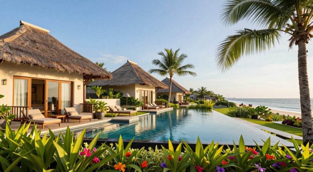 A luxurious resort in Seminyak, Bali, showcasing elegant accommodations with private balconies overlooking a serene infinity pool. In the foreground, lush tropical plants and vibrant flowers create a lively atmosphere. The middle ground features modern villas with traditional Balinese architecture, their thatched roofs blending harmoniously with the surroundings. In the background, the clear blue sky meets the horizon, hinting at the nearby beach. Soft golden sunlight filters through the palm trees, casting gentle shadows and enhancing the tranquil setting. A wide-angle perspective captures the essence of relaxation and sophistication. The scene conveys a peaceful yet trendy vibe, ideal for a serene getaway. The image should reflect an inviting atmosphere with no people present, maintaining a focus on the beauty of the accommodations and the landscape.