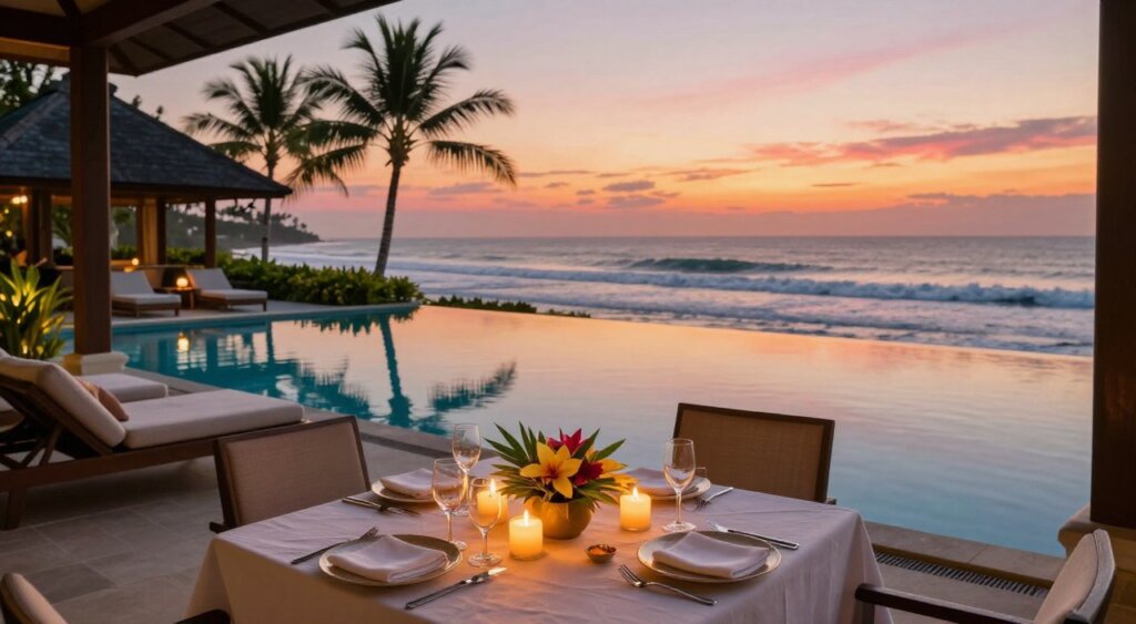 A luxurious romantic honeymoon package scene at The Bene Hotel Kuta Bali, featuring a beautifully arranged private balcony with a candlelit dinner setup. In the foreground, an elegantly laid dining table adorned with tropical flowers and softly glowing candles. The middle ground showcases the stunning infinity pool reflecting the sunset, surrounded by palm trees and plush loungers. In the background, the ocean waves gently lapping against the shore under a vibrant orange and pink sky. The atmosphere exudes intimacy and tranquility, with soft, warm lighting enhancing the romance of the setting. The perspective is from a slight angle, capturing both the balcony's allure and the breathtaking ocean view, evoking a sense of escape and luxury.