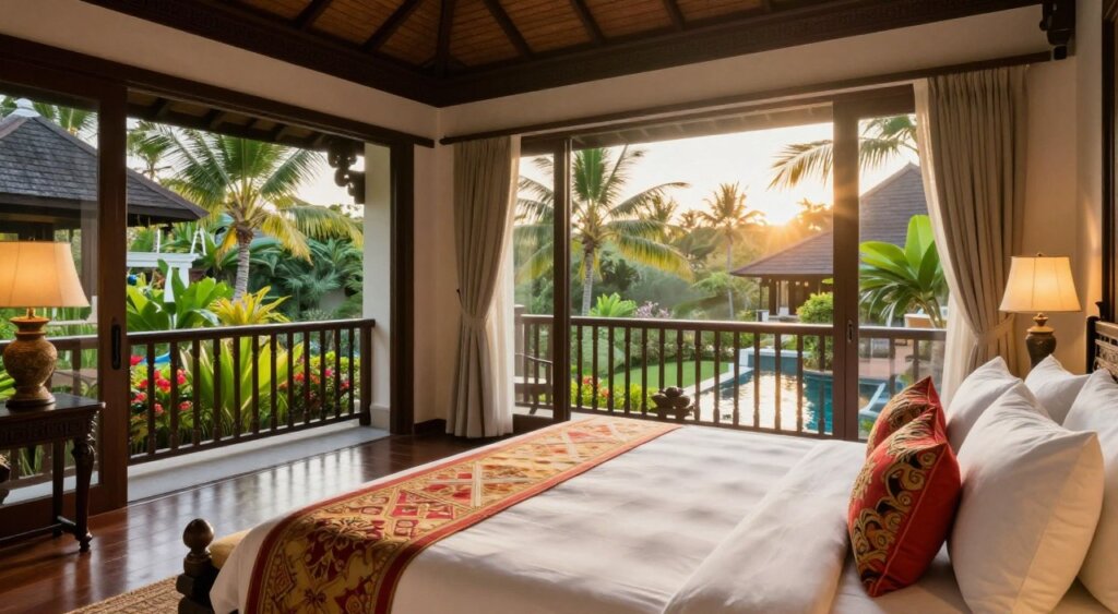 A luxurious room at Ramayana Resort & Spa Kuta, showcasing sophisticated Balinese design elements. In the foreground, an elegantly styled king-sized bed adorned with plush white linens and vibrant decorative pillows. The middle ground features a spacious balcony with sweeping views of the lush tropical gardens, including palm trees and vibrant flowers. Soft, warm lighting creates a cozy atmosphere, with golden sunlight streaming through large floor-to-ceiling windows. In the background, hints of the resort’s serene pool can be seen, framed by calming greenery. The overall mood conveys tranquility and opulence, ideal for relaxation and escape. The image should be captured from a slight angle to emphasize depth and spaciousness. A luxurious room at Ramayana Resort & Spa Kuta, showcasing sophisticated Balinese design elements. In the foreground, an elegantly styled king-sized bed adorned with plush white linens and vibrant decorative pillows. The middle ground features a spacious balcony with sweeping views of the lush tropical gardens, including palm trees and vibrant flowers. Soft, warm lighting creates a cozy atmosphere, with golden sunlight streaming through large floor-to-ceiling windows. In the background, hints of the resort’s serene pool can be seen, framed by calming greenery. The overall mood conveys tranquility and opulence, ideal for relaxation and escape. The image should be captured from a slight angle to emphasize depth and spaciousness.