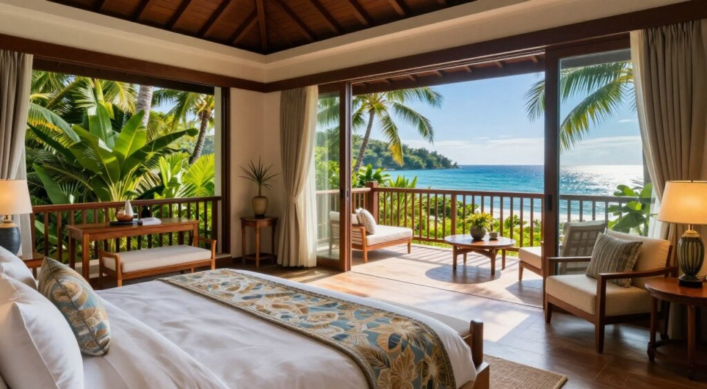 A luxurious tropical getaway room with a spacious balcony offering a stunning view of a lush, green landscape and the ocean. The foreground features a beautifully arranged king-sized bed with elegant linens, surrounded by tasteful wooden furniture and tropical plants. In the middle, the sliding glass doors lead out to the balcony, adorned with cozy seating and a small table. In the background, vivid blue skies and palm trees sway gently, while the distant ocean sparkles under warm sunlight. The scene is illuminated by soft, natural lighting, creating an inviting atmosphere. The image captures the essence of relaxation and tranquility, evoking a sense of escape to paradise. The angle showcases both the room's interior and the breathtaking exterior view, ensuring a balanced and harmonious composition.