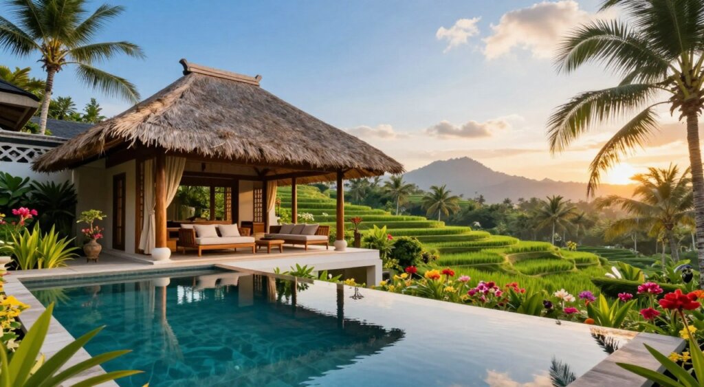 A luxurious tropical villa in Bali, featuring modern Balinese architecture with a thatched roof and open layout. In the foreground, a serene infinity pool reflects the clear blue sky, bordered by lush tropical gardens filled with vibrant flowers and palm trees. The middle ground showcases the spacious veranda with elegant wooden furnishings, adorned with soft cushions perfect for relaxation. The background reveals a stunning view of rice terraces and distant mountains under a soft golden sunset, casting warm light across the landscape. Capture the essence of tranquility and luxury in this idyllic setting, emphasizing natural materials and harmonious design elements. Use a wide-angle lens for expansive depth and a high-quality, realistic photojournalism style, evoking a peaceful and inviting atmosphere.