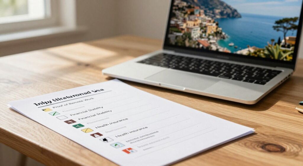 A meticulously organized checklist with icons representing the eligibility requirements for Italy's digital nomad visa. In the foreground, a crisp, detailed checklist on a wooden desk, featuring bullet points such as "Proof of Remote Work," "Financial Stability," and "Health Insurance," each paired with small, relevant icons. In the middle ground, a partially opened laptop displaying a scenic view of Italy’s coastline to symbolize remote work in an inspiring environment. In the background, soft natural lighting filtering through a window, casting gentle shadows and creating a professional, inviting atmosphere. The overall mood is focused and aspirational, capturing the essence of a modern digital nomad lifestyle, with no text or people present in the image.