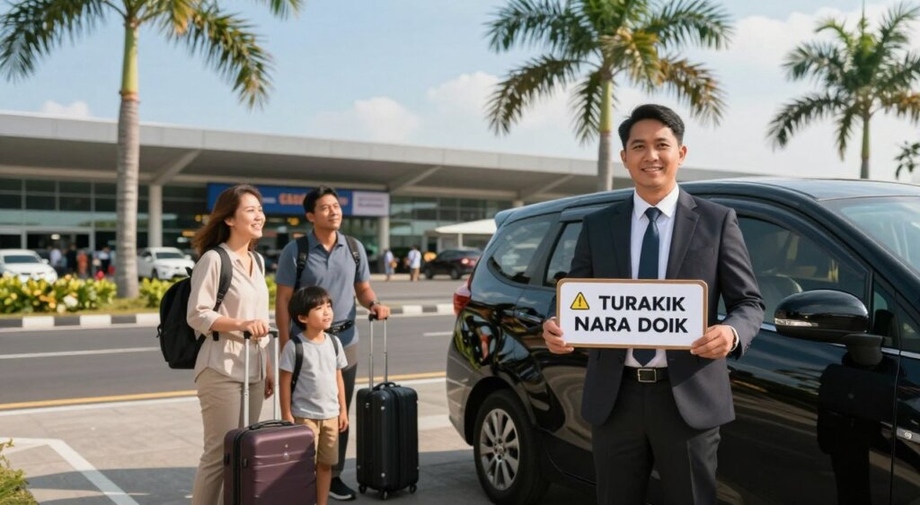 A modern Bali airport transfer scene captured in a professional photojournalism style. In the foreground, a well-dressed driver in business attire stands next to a sleek, black car, smiling as he holds a sign with a passenger's name. In the middle ground, a family of travelers, including two adults and a child, appear relieved and excited, leaning on their luggage while engaging with the driver. The background features the bustling Bali Ngurah Rai International Airport, framed by tropical palm trees and bright blue skies. The lighting is warm and inviting, emphasizing the sunny atmosphere of Bali, with a soft focus on the airport terminal in the distance. The overall mood conveys ease and comfort, reflecting reliable and efficient airport transfer services.