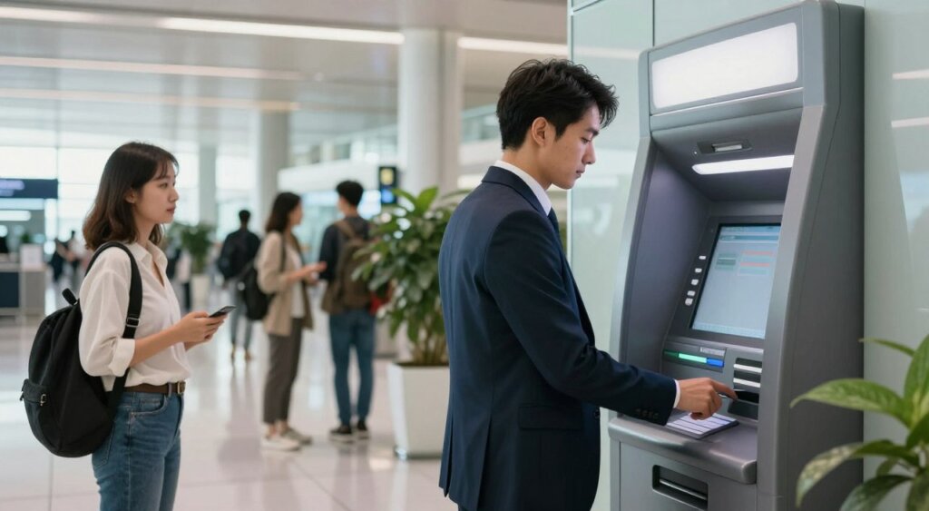 A modern airport ATM surrounded by a serene and well-lit environment, capturing the essence of secure cash handling. In the foreground, a professional man in a tailored suit is using the ATM, with a focused expression, ensuring his privacy. To the left, a woman in modest casual attire stands nearby, attentively observing her belongings while waiting. In the middle ground, travelers are coming and going, each appearing calm and composed, contributing to a sense of safety. The background features sleek airport architecture with soft natural lighting, and lush indoor plants, adding to the inviting atmosphere. The composition emphasizes security and vigilance in a bustling airport setting, reflecting tips for secure ATM usage.