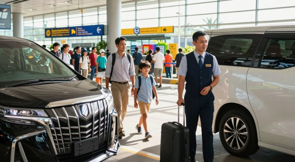 A modern airport transfer scene at Bali's Ngurah Rai International Airport. In the foreground, a professional driver in a smart uniform stands beside a luxury vehicle, ready to assist passengers with their luggage. In the middle ground, a family of three, dressed in neat casual clothing, approaches the vehicle, smiling and appearing relieved after a long flight. In the background, the bustling airport terminal showcases travelers checking in and colorful signage. Bright, natural sunlight pours in through the terminal's large glass windows, creating a warm and welcoming atmosphere. The image should feel lively yet serene, capturing the essence of a reliable private transfer service in a tropical paradise. Focus on realistic details and vibrant colors, ensuring no text or branding elements are present.