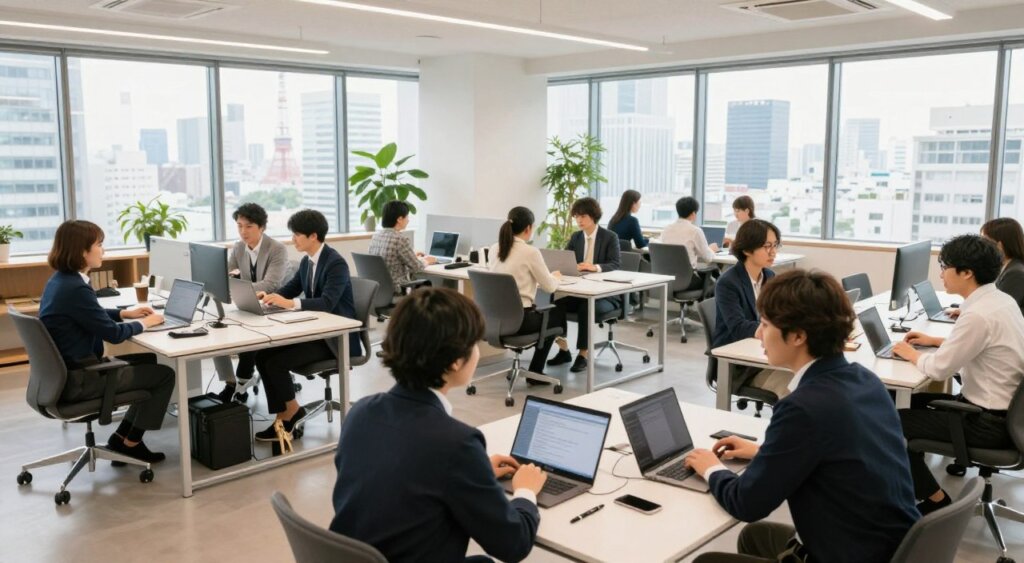 A modern co-working space in Japan, featuring a bright and open layout filled with natural light streaming through large windows. In the foreground, a diverse group of professionals dressed in smart casual attire are engaged in animated discussions at a communal table, laptops open, showcasing collaboration. In the middle ground, individual workstations with stylish ergonomic furniture and plants provide a sense of comfort and creativity. The background depicts city views with Tokyo's skyline visible, enhancing the urban feel. The atmosphere is vibrant and energetic, emphasizing networking opportunities. Soft, diffused lighting adds warmth to the scene, and a wide-angle lens captures the dynamic environment, reminiscent of a professional photojournalism aesthetic, similar to National Geographic quality.