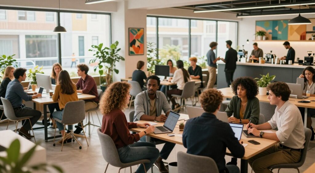 A modern co-working space in Portugal bustling with digital nomads engaging in networking activities. In the foreground, a diverse group of professionals—men and women of various ethnicities—are seated and discussing ideas, dressed in smart casual attire. In the middle ground, large windows let in warm natural light, illuminating shared workspaces adorned with greenery and vibrant artwork. The background features sleek desks, collaborative areas, and a coffee bar where others are interacting. The atmosphere is lively and creative, capturing the essence of collaboration and opportunity. The image should convey a sense of community and innovation, shot with a wide-angle lens to emphasize spaciousness, with soft-focus elements to enhance the inviting mood.