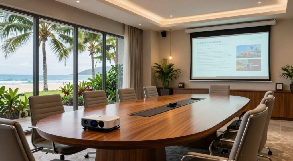 A modern conference room at Hotel Amnaya Resort Kuta, featuring a large, oval wooden table surrounded by comfortable, ergonomic chairs. The foreground showcases a sleek projector and a large screen displaying a professional presentation. In the middle ground, large windows bathe the room in natural light, offering a stunning view of Kuta beach and palm trees swaying gently outside. The background reveals stylish decor, with green plants and warm, neutral tones that create a welcoming atmosphere. Include subtle lighting accents for a polished look, captured from a low angle to emphasize the spaciousness and professional setting. The mood is conducive for meetings, blending sophistication with a relaxed tropical vibe, ensuring a perfect environment for events and discussions.