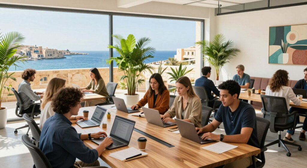 A modern coworking space in Malta, designed for digital nomads. In the foreground, a group of diverse professionals in smart casual attire collaborates at a long wooden table, laptops open and notes scattered among them. The middle section features stylish ergonomic chairs and bright green plants, enhancing a vibrant and energizing atmosphere. Large windows in the background flood the space with natural light, offering a panoramic view of Malta's coastline and blue waters. The décor combines contemporary furnishings with local artistic elements, creating an inviting and inspiring environment for networking and creativity. The overall mood is lively yet focused, emphasizing productivity in a beautiful setting. The photo captures the essence of modern work-life balance in an idyllic location.