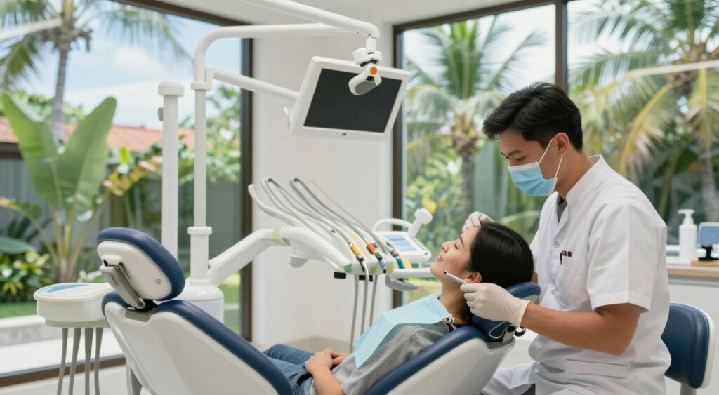 A modern dental clinic in Bali featuring a sleek, bright interior with large windows letting in natural light. In the foreground, a dentist in professional attire, wearing a mask and gloves, attentively examines a patient seated in a high-tech dental chair. The patient appears relaxed, with a reassuring smile, showcasing the comforting atmosphere. In the middle, various dental equipment is neatly organized, and tropical plants add a touch of Bali’s landscape. The background reveals a serene view of green palm trees and the blue sky, enhancing the tranquil vibe of the clinic. The lighting is soft and inviting, creating a calm environment, captured with a focus lens for clarity, evoking a sense of professionalism and care.