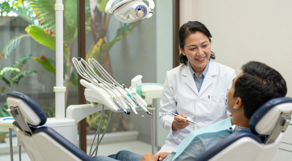 A modern dental clinic in Bali, showcasing a professional dentist in a white coat consulting with a patient. In the foreground, the dentist, a middle-aged woman of Balinese descent, has a warm and approachable demeanor, discussing treatment options with the patient, who appears attentive and relaxed. The middle ground features a sleek dental chair and advanced equipment, with various dental tools neatly arranged on a nearby tray. In the background, large windows allow soft, natural light to filter in, illuminating tropical plants outside, creating a serene atmosphere. The angle of the shot is slightly tilted, capturing both the dentist's friendly expression and the inviting clinic environment. The mood is calm and professional, aiming to evoke trust and reassurance. No text or branding present.