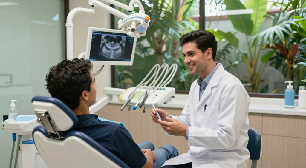 A modern dental consultation scene set in a sleek Bali clinic. In the foreground, a dental implant specialist in a white coat discusses treatment options with a patient, both appearing engaged and professional. The specialist has a warm smile, with well-groomed hair, while the patient is dressed in smart casual attire, looking attentive. In the middle, a modern dental exam chair, high-tech dental instruments on the nearby counter, and a digital screen displaying dental images. The background features lush tropical plants visible through large windows, allowing natural light to illuminate the space, creating a calming and inviting atmosphere. The image captures a clinical yet relaxed vibe, showcasing the fusion of healthcare and Bali’s natural beauty. Focus on realistic details and soft, even lighting to enhance the professional yet welcoming feel.