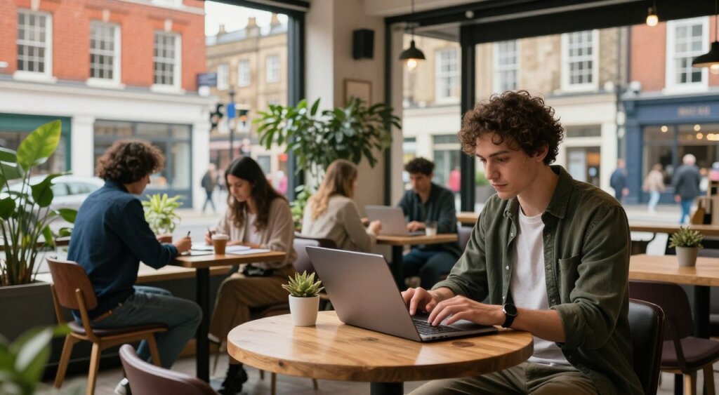 A modern digital nomad workspace in a cozy UK city, featuring a laptop on a wooden café table in the foreground. The user, dressed in smart casual attire, is intently focused on their screen, surrounded by a warm atmosphere. In the middle distance, a bustling café with other professionals engaged in work and conversation, plants scattered around for a touch of greenery. The background showcases charming British architecture, including a red-brick building and a historic street with people walking by, capturing the essence of urban life. Soft, natural lighting filters through large windows, creating a welcoming ambiance. The scene conveys productivity and community, encapsulating the spirit of living and working remotely in vibrant UK cities.