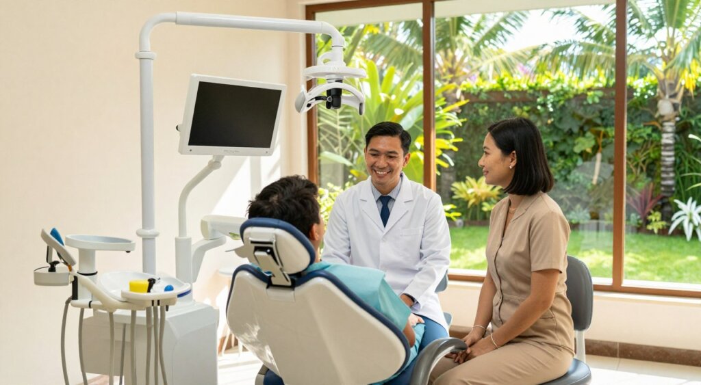 A modern, professional dental clinic in Bali, showcasing a clean and welcoming atmosphere. In the foreground, a polished dental chair surrounded by high-quality dental equipment, including X-ray machines and monitors. In the middle, a friendly dentist in a white coat and a dental assistant in smart, modest attire, both engaged in a consultation with a patient. The background features large windows revealing a lush tropical garden, allowing warm, natural light to flood the room. Soft shadows create a peaceful ambiance, enhancing the sense of professionalism and care. The overall mood is bright, inviting, and reassuring, illustrating the high standards of dental care in Bali.