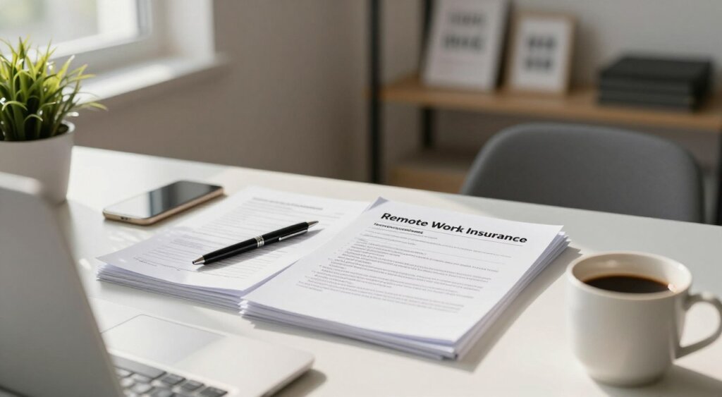 A modern remote work setting featuring a tidy desk with insurance documentation for remote employees prominently displayed. In the foreground, the desk is organized with a sleek laptop, a cup of coffee, and a plant. The middle ground includes a stack of neatly arranged papers labeled "Remote Work Insurance" with a pen resting on top. Soft natural light filters through a nearby window, casting gentle shadows and creating a warm, inviting atmosphere. In the background, a blurred view of a home office with a simple shelf and motivational quotes adds context. The scene conveys a sense of professionalism and clarity, focusing on the requirements for remote employees.